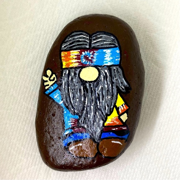 Hand Painted River Rock Gnome Hippie Peace - Picture 1 of 5